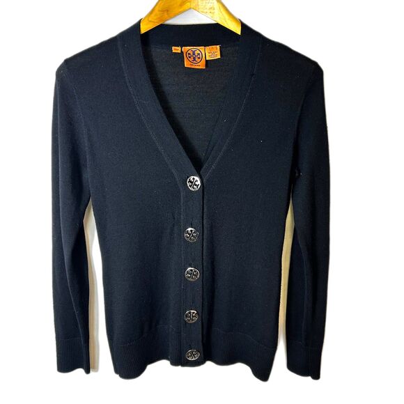 Tory Burch Black 100% Merino Wool V-Neck Long Sleeve Cardigan Sweater Size S - Picture 3 of 11